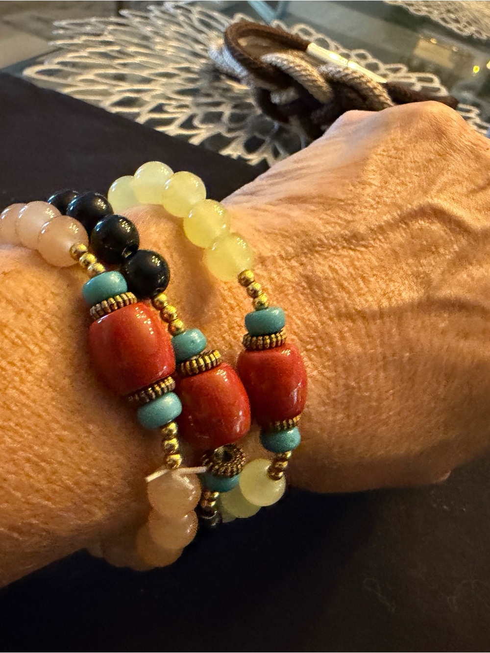 Multicolor Beaded Stretch Bracelet Set - Red, Turquoise & Yellow